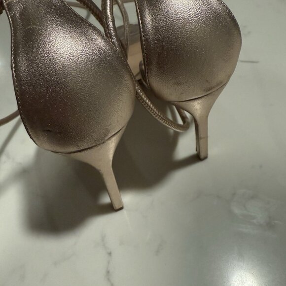 Manolo Blahnik Women’s Estro Leather & PVC Ankle-Tie Sandals in Rose Gold - Picture 4 of 7